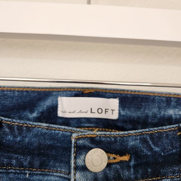 LOFT Blue Denim Raw Hem Slim Flare Jeans Distressed Hem Mid Rise 14 / 32W - Picture 4 of 9